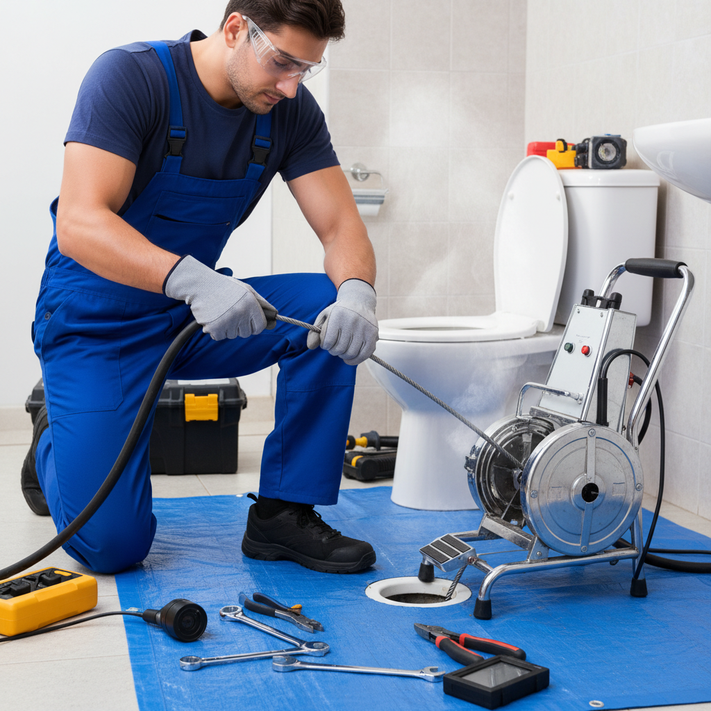 Close-up de um encanador profissional utilizando equipamento especializado (como uma máquina desentupidora) em um ambiente de banheiro, com foco na eficiência e segurança do trabalho técnico.