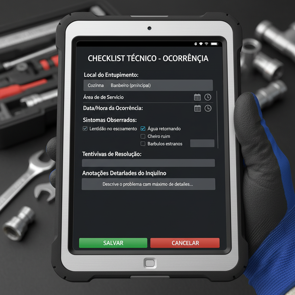 Checklist técnico em um tablet ou prancheta, com itens como