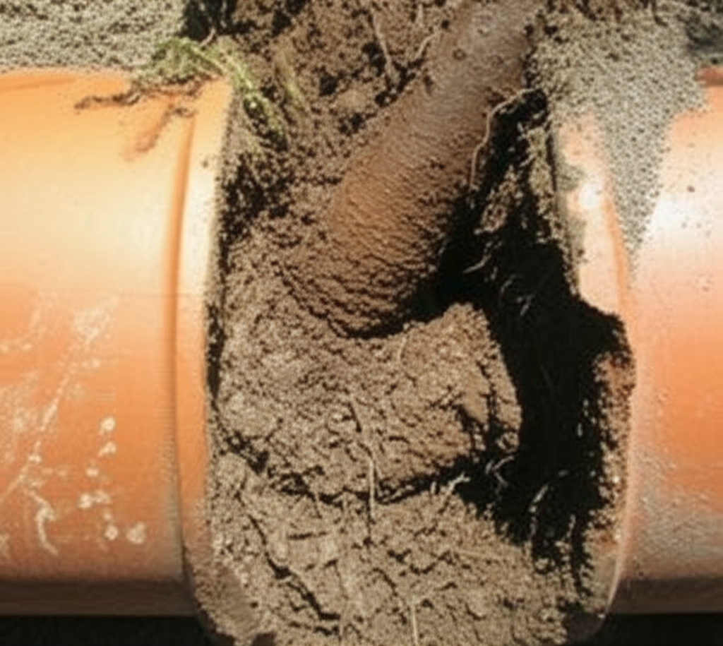Vista subterrânea de uma tubulação antiga de barro com uma raiz de árvore penetrando em uma fissura e crescendo, causando uma obstrução. A imagem foca no conflito entre a natureza e a infraestrutura.