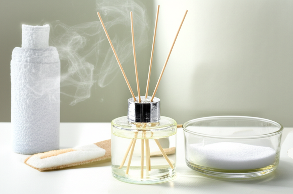 Ambientação de um banheiro ou cozinha limpa, com um difusor de aromas sutil e um recipiente aberto de bicarbonato de sódio em um canto, simbolizando técnicas de eliminação de odores. Iluminação suave e foco na frescura.