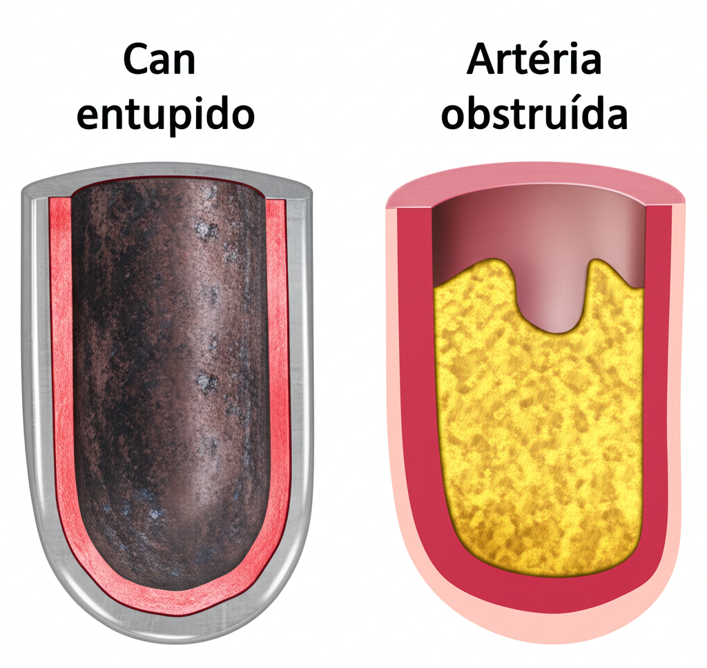 Comparação visual entre um cano entupido e uma artéria obstruída por placas de gordura, ilustrando a similaridade do processo de obstrução.