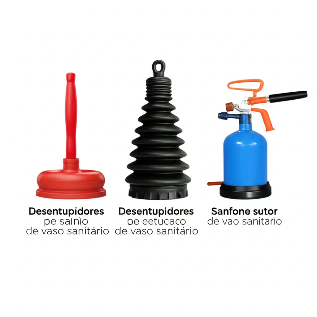 Comparativo visual de diferentes tipos de desentupidores de vaso sanitário, destacando suas características e usos recomendados.