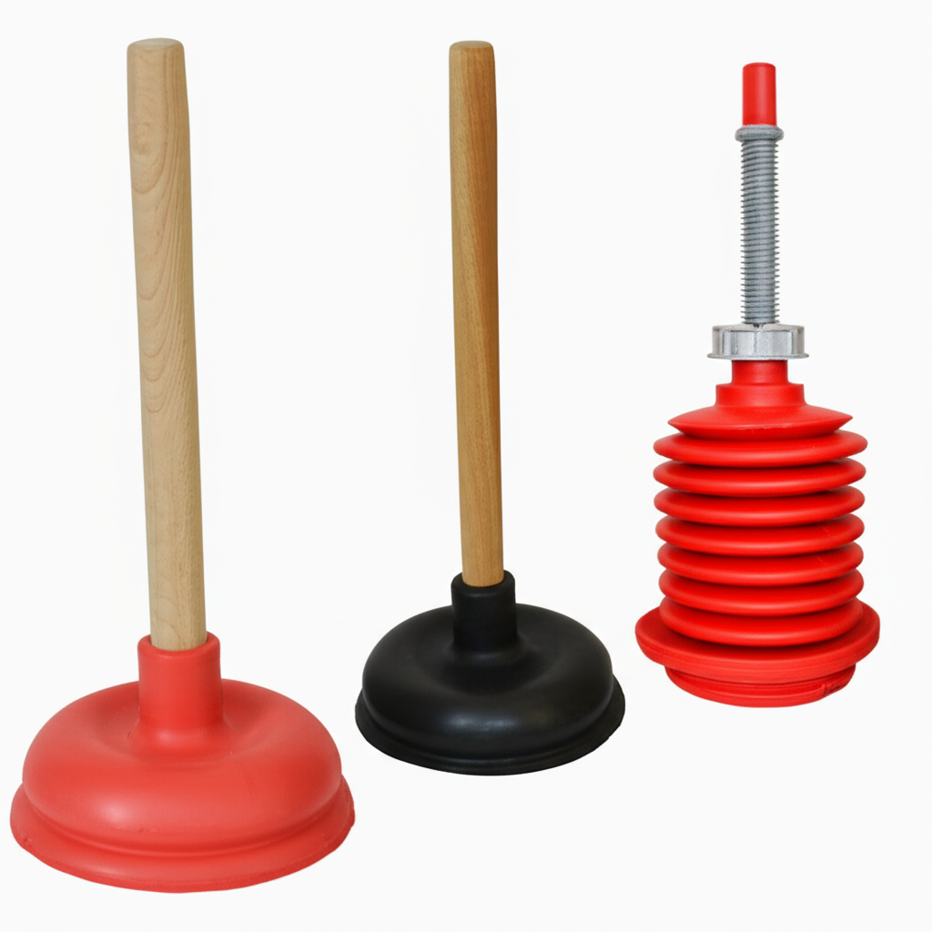 Imagem comparativa de diferentes tipos de desentupidores de vaso sanitário.