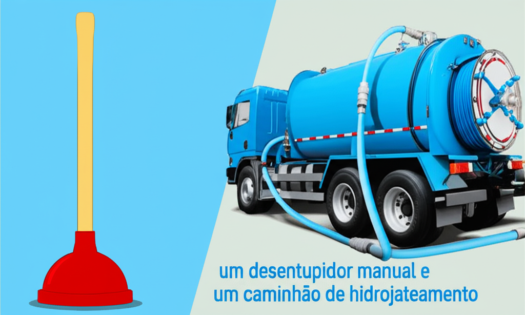 Comparativo visual entre um desentupidor manual e um caminhão de hidrojateamento, representando soluções caseiras e profissionais.