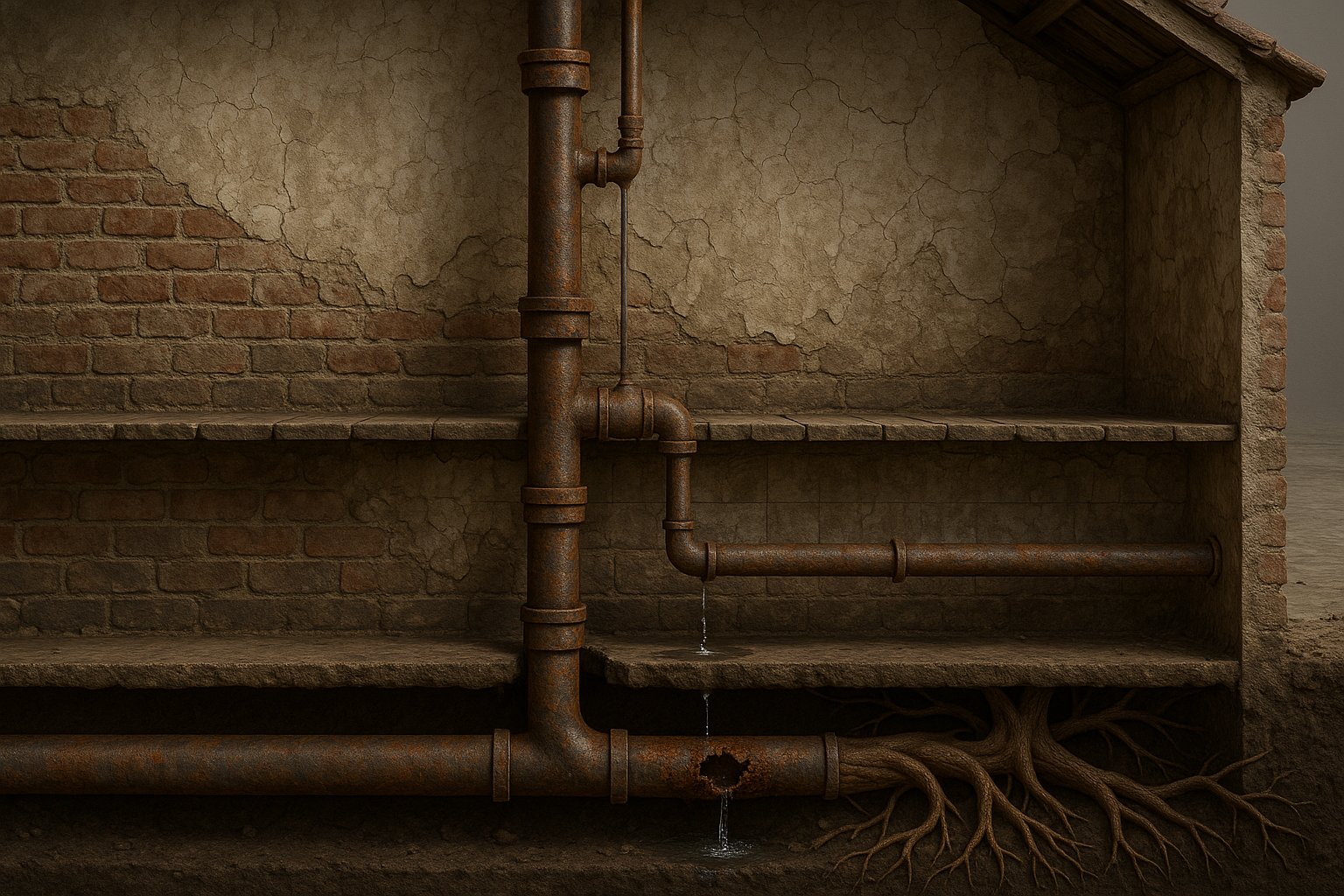 Representação visual de uma seção transversal de uma casa antiga, mostrando tubulações de encanamento corroídas, com vazamentos visíveis e raízes de árvores invadindo os sistemas. O estilo deve ser técnico e detalhado, com foco na infraestrutura subterrânea e nas paredes.