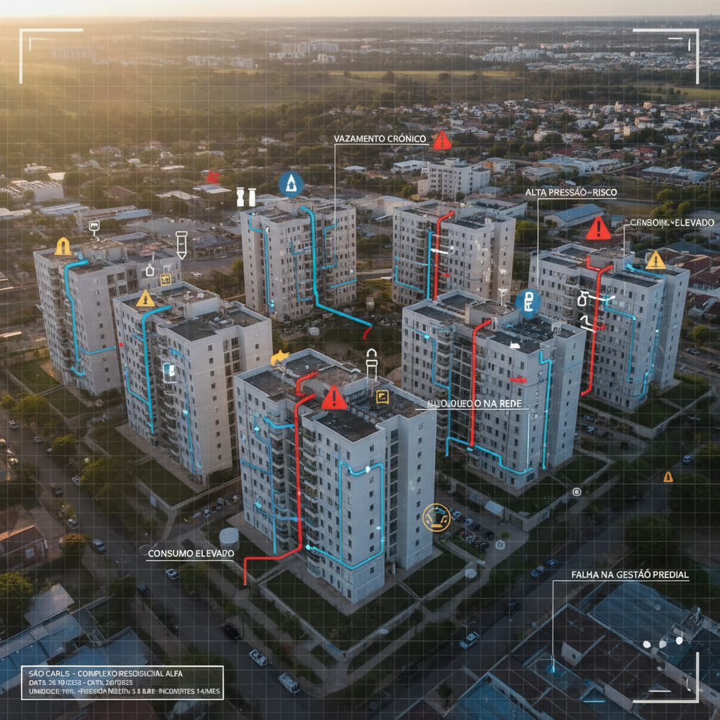 Vista aérea de um complexo de edifícios residenciais em São Carlos, com linhas de tubulação subindo e descendo, simbolizando a rede hidráulica interligada e a complexidade da gestão predial. A imagem deve ter um tom técnico, com sobreposições digitais que indicam problemas recorrentes.