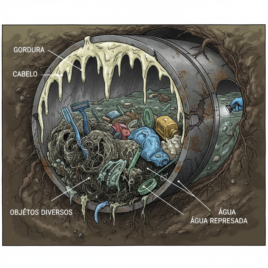Representação esquemática de uma tubulação de esgoto com diferentes tipos de obstruções (gordura, cabelo, objetos). A imagem deve ser realista, mostrando a complexidade e a dificuldade de acesso sem equipamentos adequados.