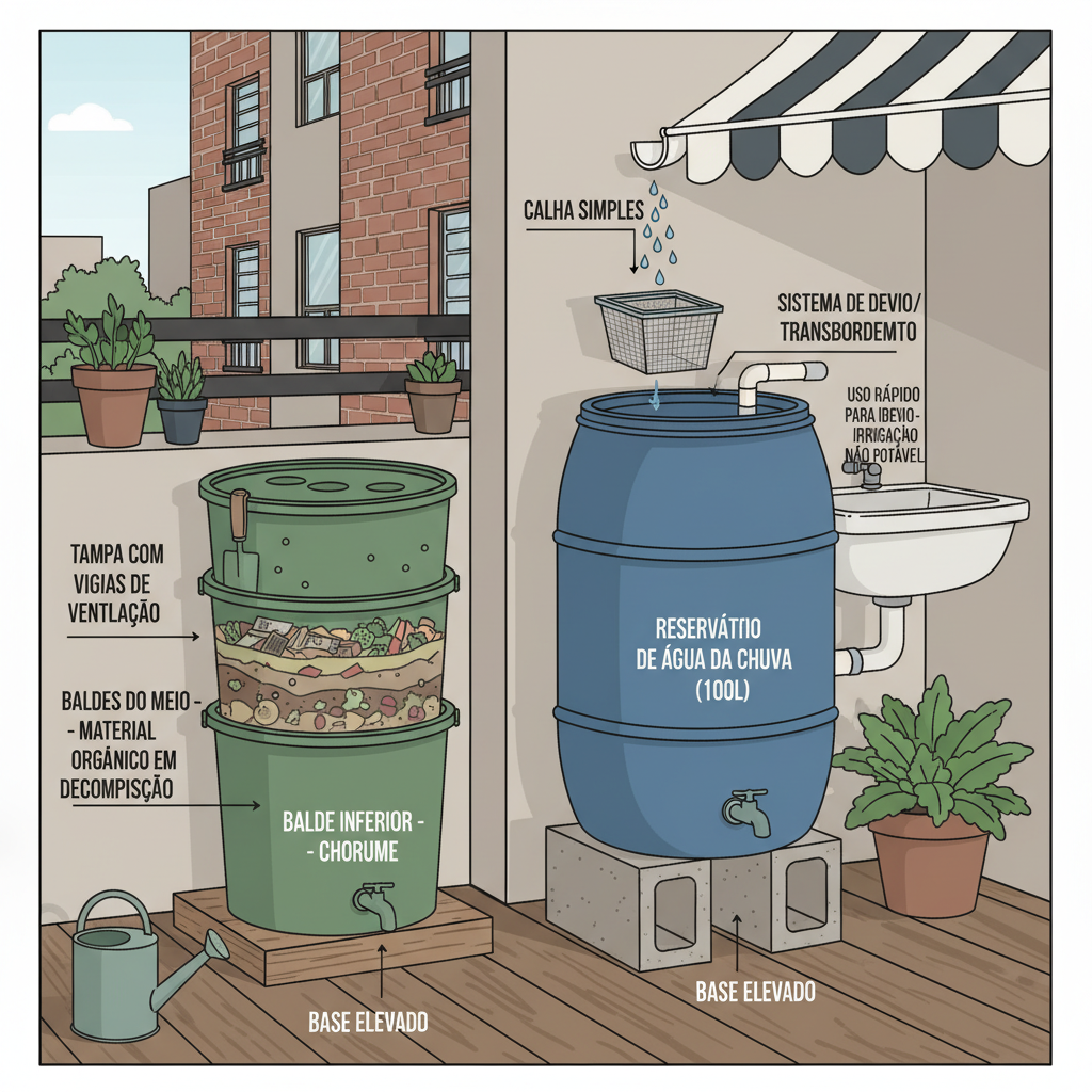 Exemplo técnico de um sistema de compostagem doméstica em pequena escala e um sistema de captação e reutilização de água da chuva ou água cinza. O foco é na engenharia simples e na funcionalidade dos sistemas. Desenho esquemático ou fotográfico com componentes claramente identificados. O ambiente é um pequeno pátio ou varanda de apartamento, demonstrando viabilidade em espaços urbanos.