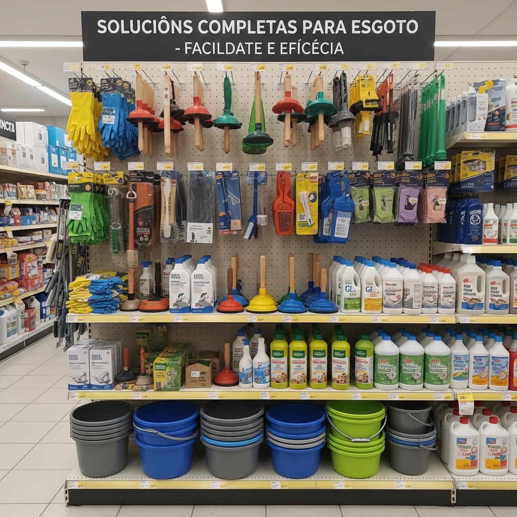 Mãos de uma pessoa escolhendo um desentupidor de vaso sanitário em uma prateleira de uma loja de materiais de construção, com outros produtos de encanamento ao fundo. A imagem é clara e o foco está no produto em questão.