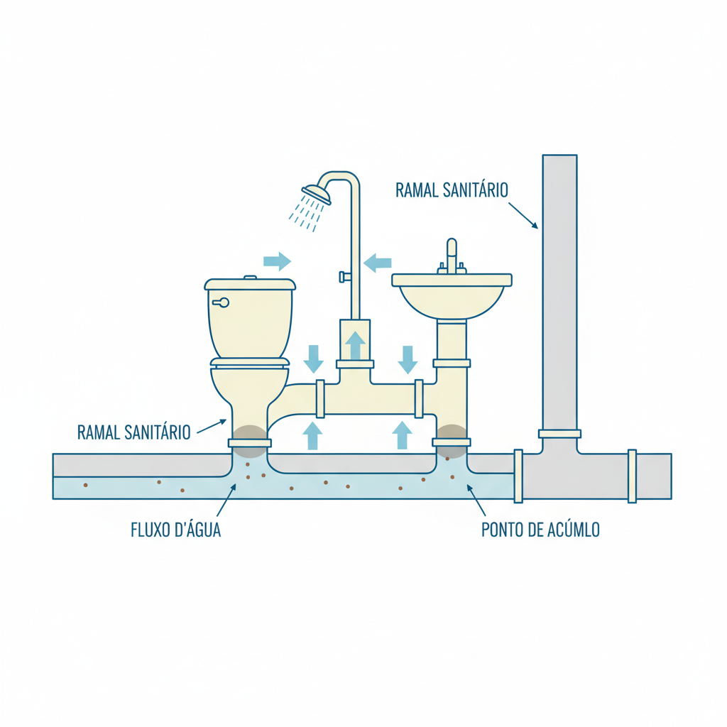 Representação técnica em corte de uma tubulação de esgoto residencial, mostrando o fluxo de água, ramificações e pontos comuns de acúmulo de detritos. Cores claras e linhas limpas.