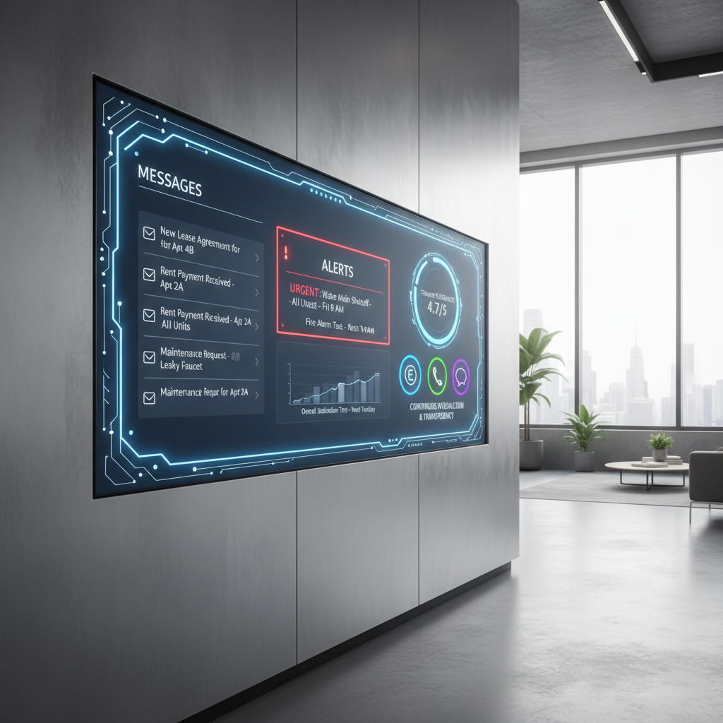 Representação de um painel de comunicação digital para gestores de imóveis, exibindo mensagens, alertas e um sistema de feedback para inquilinos, com ícones de e-mail, telefone e chat, simbolizando a interação contínua e a transparência.