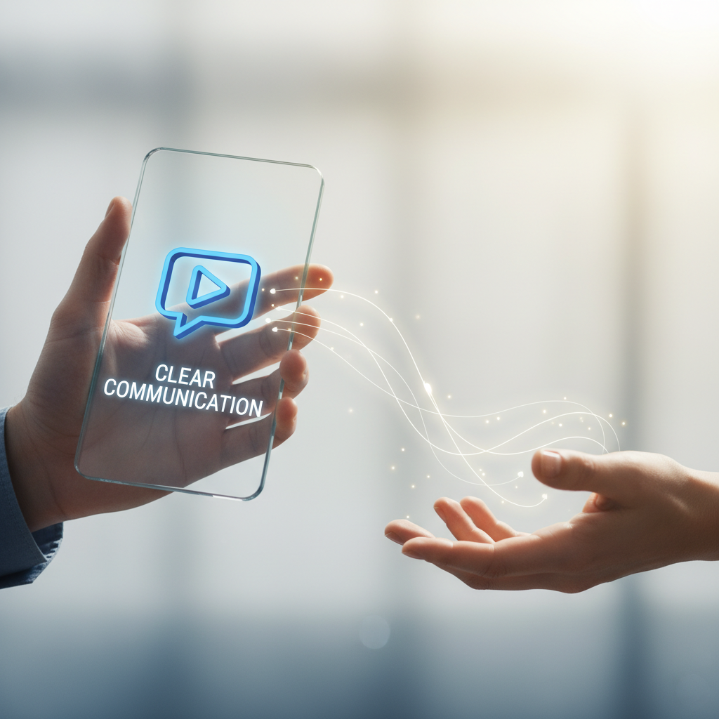 Duas pessoas (proprietário e inquilino) em lados opostos de uma tela de computador, simbolizando comunicação remota. Balões de diálogo indicam troca de informações sobre um problema de encanamento, enfatizando clareza e eficiência na comunicação. Cores neutras e ambiente profissional.