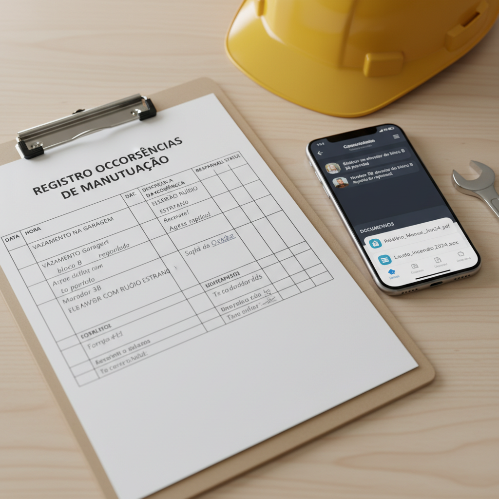 Uma prancheta com um formulário de registro de ocorrências de manutenção, ao lado de um smartphone exibindo um aplicativo de comunicação para condomínios, ilustrando a importância da documentação e da comunicação clara entre as partes.