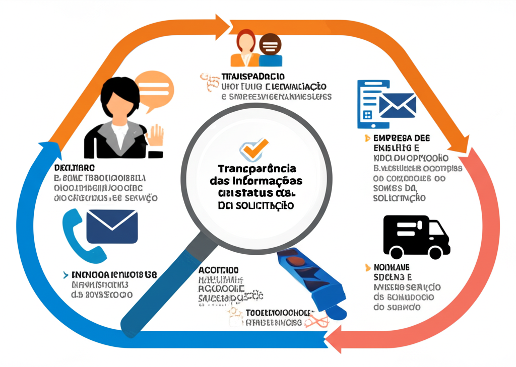 Representação gráfica de um fluxo de comunicação entre gestora, inquilino e empresa de serviço, com ícones de telefone, e-mail e mensagens. O foco é na transparência das informações e na atualização constante do status da solicitação.