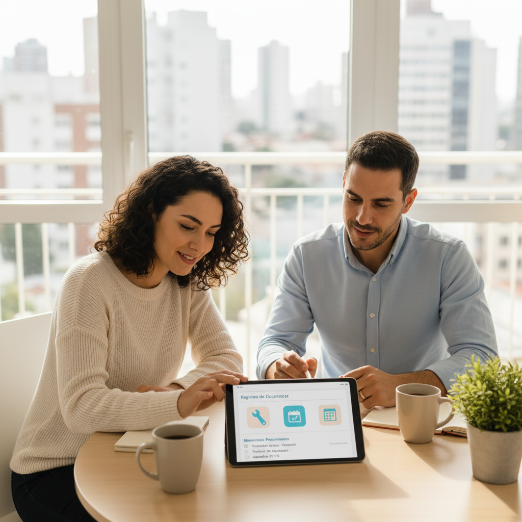 Um proprietário (Mariana) e um inquilino sentados em uma mesa em um apartamento bem iluminado, revisando um documento em um tablet. A expressão de ambos é tranquila e colaborativa, representando uma comunicação transparente e o registro organizado de ocorrências e manutenções.