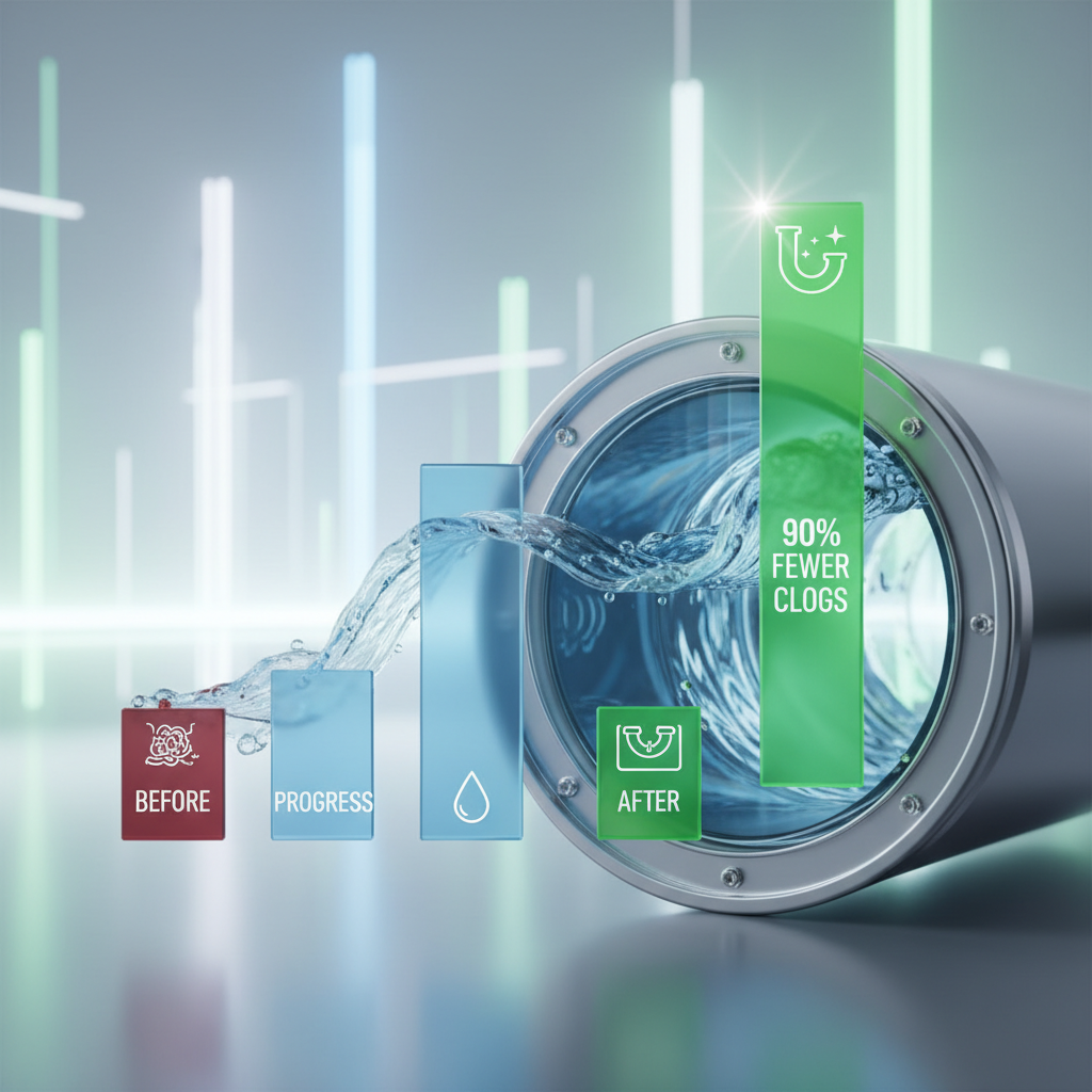 Imagem final abstrata ou representativa de uma tubulação de esgoto limpa e funcional, com água fluindo livremente. Pode ser um gráfico de barras mostrando a redução de entupimentos após a implementação de medidas preventivas. Estilo claro e otimista.