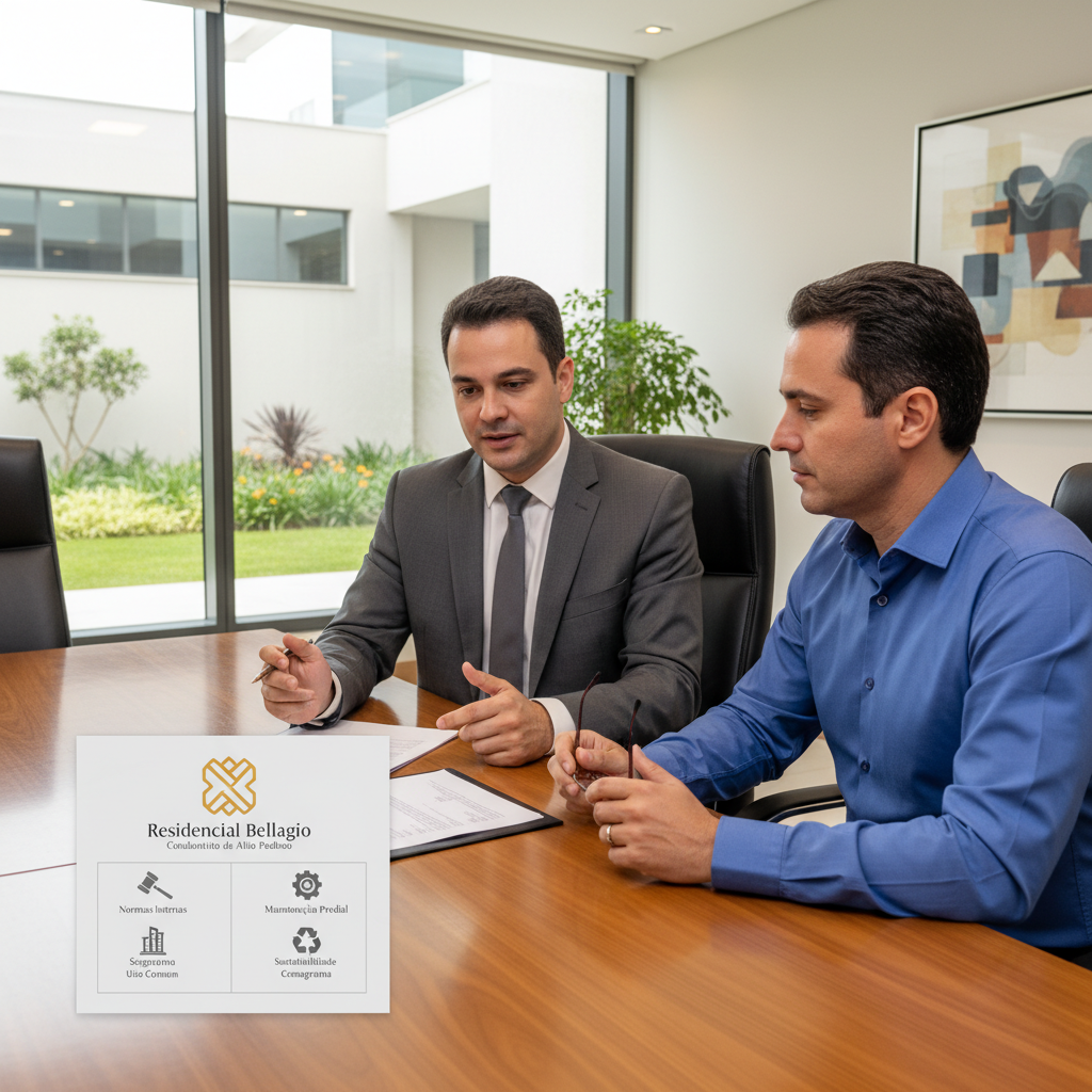 Representação de um documento com o logotipo de um condomínio de alto padrão e ícones de normas e regulamentos, ao lado de um síndico discutindo as políticas de manutenção predial com um morador, em um ambiente formal e bem iluminado.