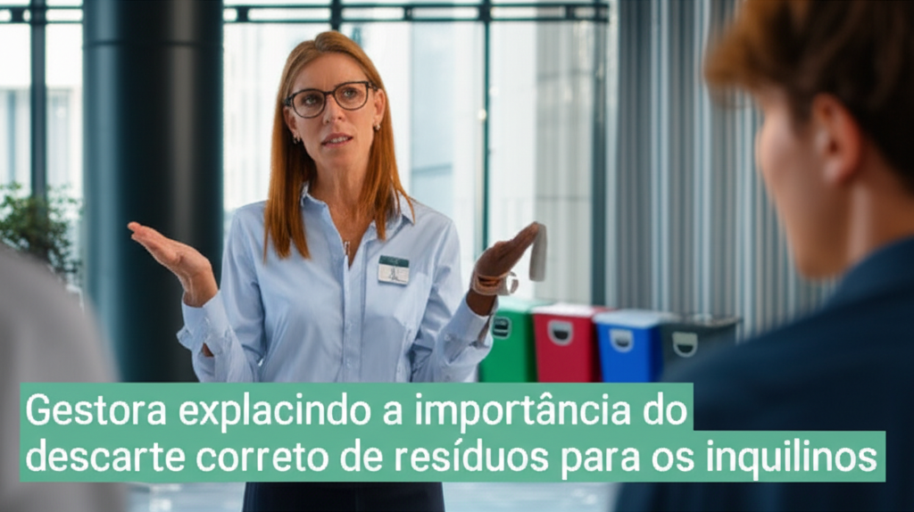 Gestora explicando a importância do descarte correto de resíduos para os inquilinos.