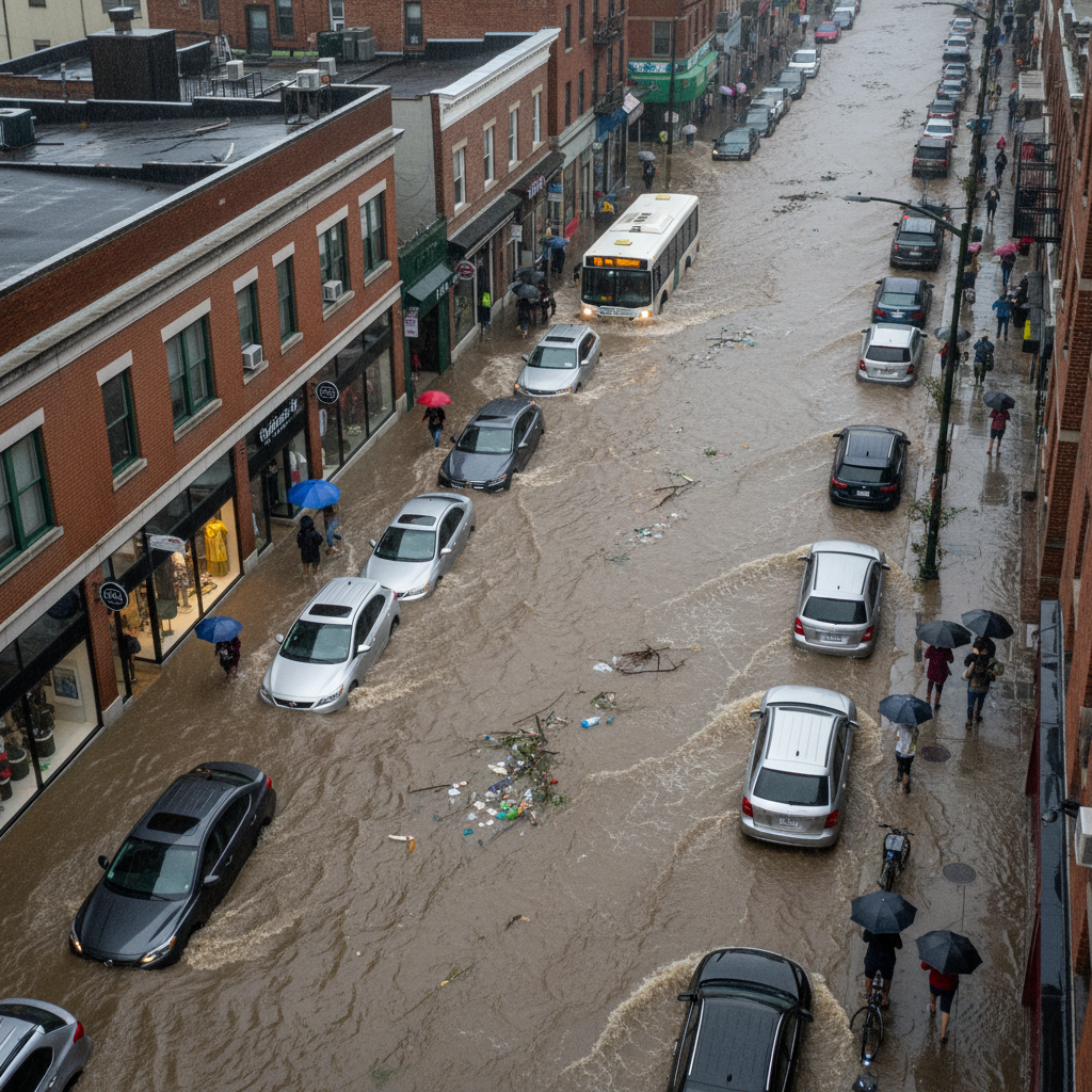 Vista aérea de uma rua urbana alagada após chuva forte, com carros parcialmente submersos e pessoas tentando se deslocar.