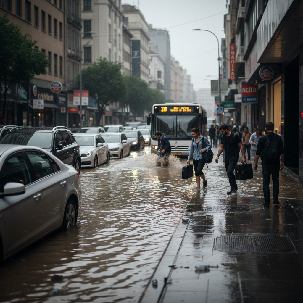 Uma cena urbana realista de alagamento após uma chuva, com carros submersos até a altura das rodas e pessoas tentando transitar em meio à água, mostrando o impacto direto na rotina da cidade.