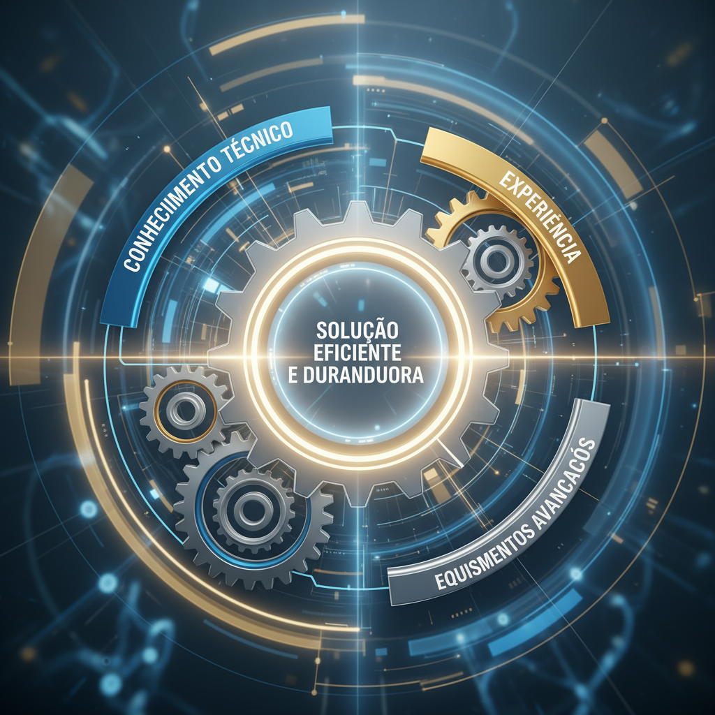 Uma imagem abstrata de engrenagens interconectadas, representando a sinergia entre conhecimento técnico, experiência e equipamentos avançados que caracterizam o desentupimento profissional, com um foco na solução eficiente e duradoura.