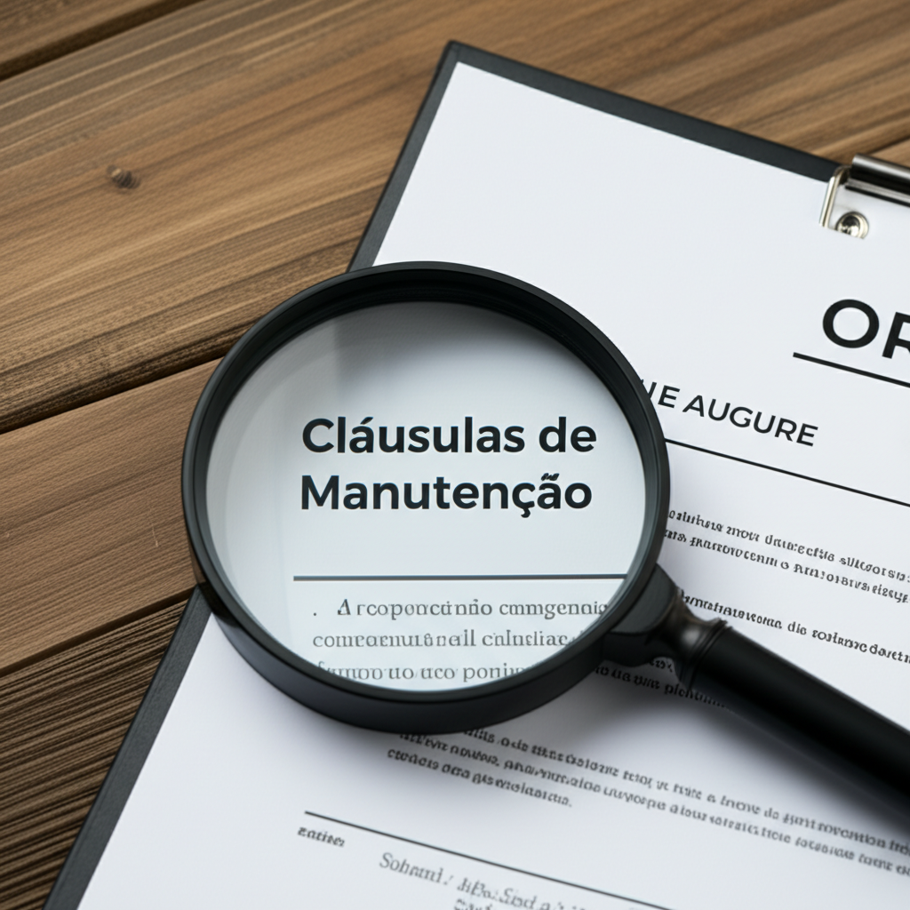 Representação de um contrato de aluguel com uma lupa destacando as cláusulas de manutenção.