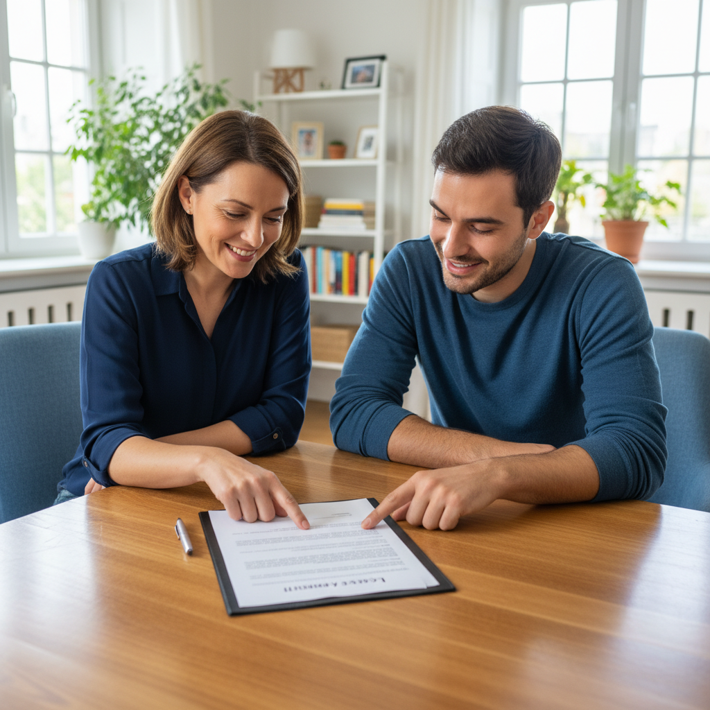 Uma proprietária (Mariana) e um inquilino (homem, 20-30 anos) conversando amigavelmente, ambos apontando para um contrato de locação aberto sobre uma mesa, indicando um acordo ou clareza de termos. O ambiente é um escritório ou sala de estar bem iluminada.