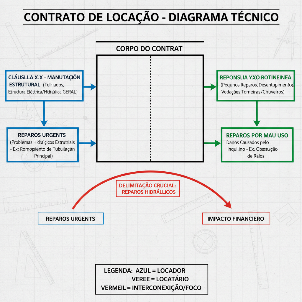 Diagrama técnico de um contrato de locação com setas apontando para seções de responsabilidades do locador e locatário, destacando as cláusulas pertinentes a manutenção e reparos hidráulicos. Sem pessoas.