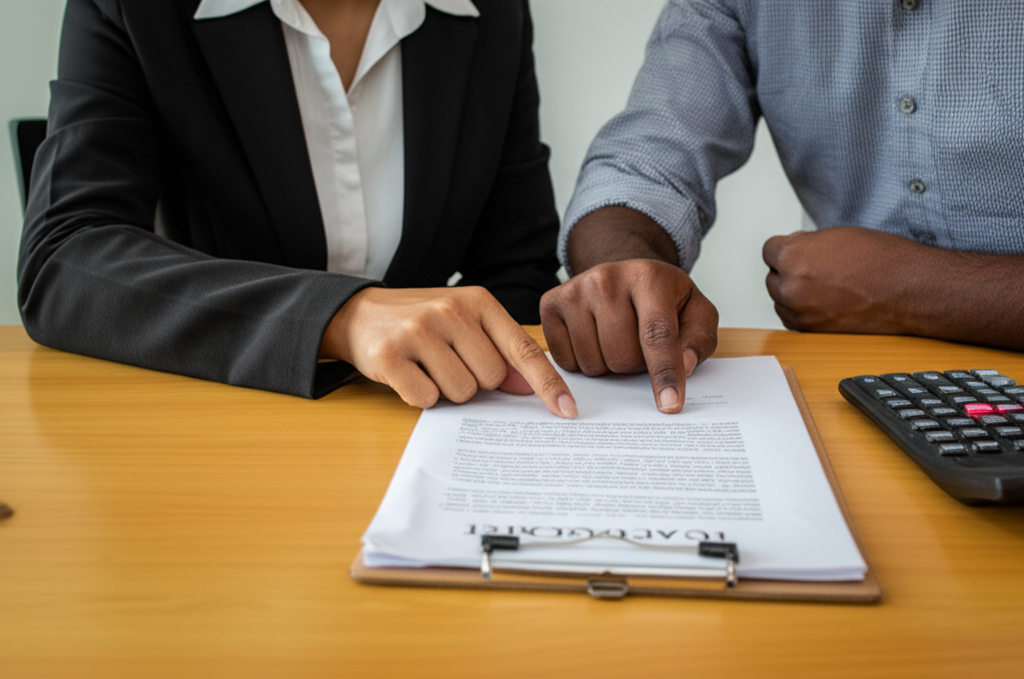 Duas pessoas (uma gestora de imóveis e um inquilino) analisam um contrato de locação aberto em uma mesa, apontando para uma seção sobre responsabilidades de manutenção.