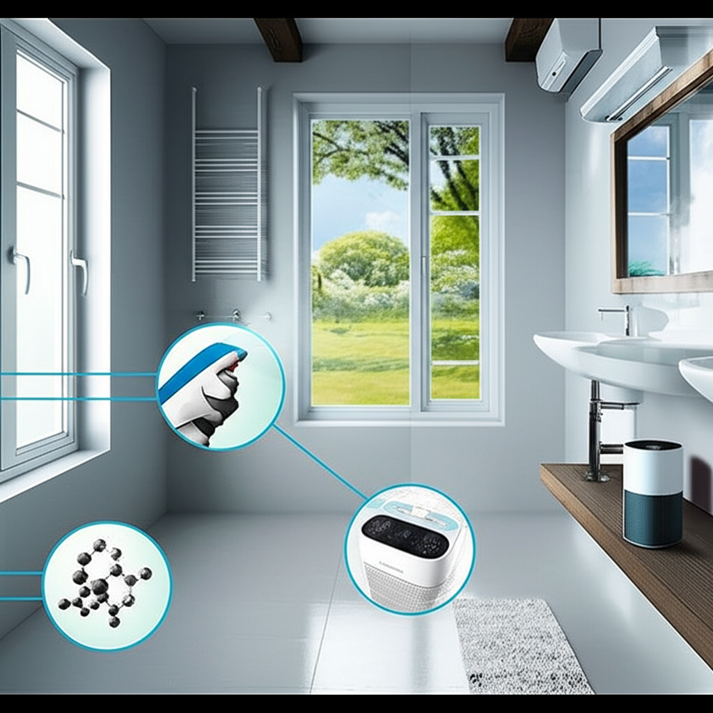 Cena de um banheiro limpo e arejado, com purificadores de ar modernos discretamente posicionados e janelas abertas para ventilação natural. Pequenas ilustrações de moléculas de odor sendo neutralizadas por um spray, com um foco técnico na qualidade do ar interior.