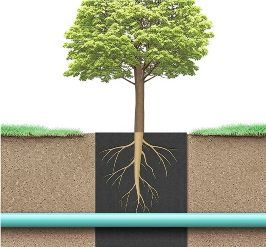 Ilustração de uma barreira física subterrânea (geomembrana robusta) instalada entre a raiz de uma árvore e uma tubulação nova de PVC, protegendo o encanamento da intrusão. O solo é representado em corte. O ambiente é de engenharia paisagística.