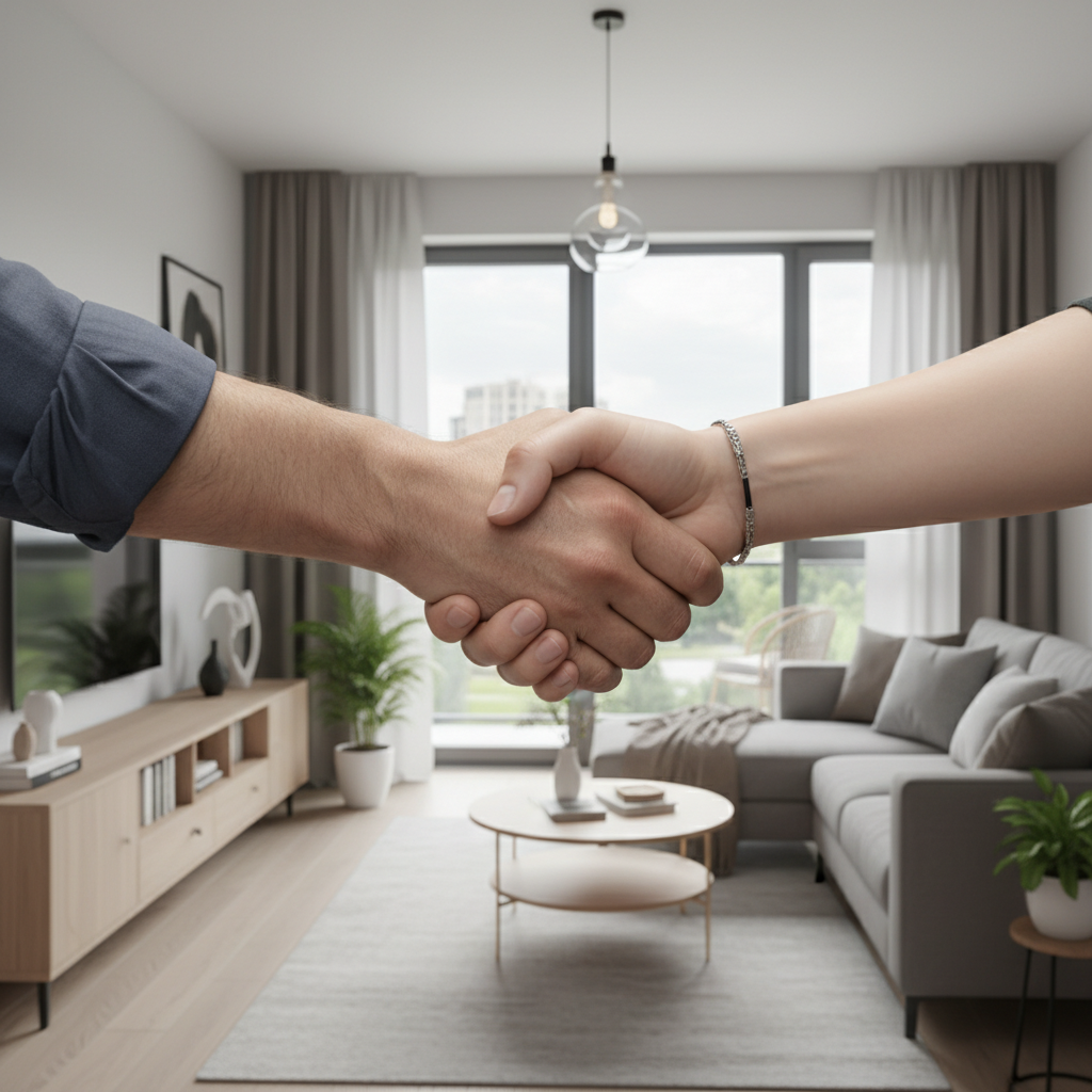 Duas mãos se apertando em sinal de acordo, com um fundo de um apartamento moderno e bem cuidado, simbolizando a resolução amigável de problemas e a manutenção de uma boa convivência entre proprietário e inquilino.