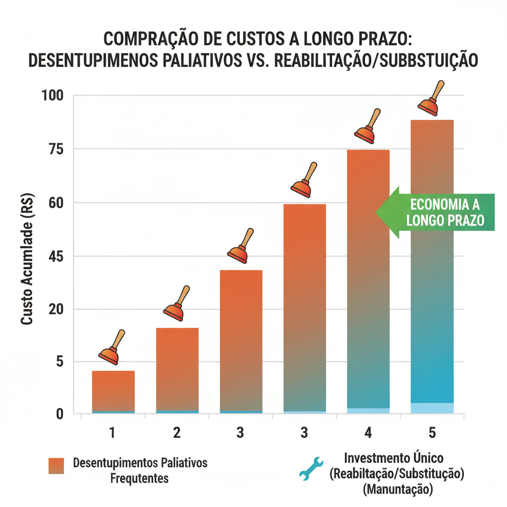 Gráfico comparativo de custos entre desentupimentos paliativos frequentes e um investimento único em reabilitação ou substituição de tubulações, mostrando a economia a longo prazo. O gráfico deve ser claro e profissional.