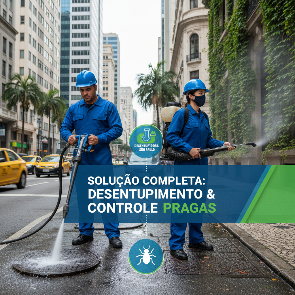 Uma dupla de profissionais de uma desentupidora e dedetizadora em São Paulo, com equipamentos específicos para cada serviço (uma máquina de hidrojateamento e um pulverizador de dedetização), em um ambiente urbano. A imagem transmite a abrangência dos serviços e a sinergia entre desentupimento e controle de pragas, em uma abordagem técnica e focada na solução completa.