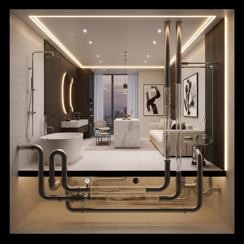 Representação detalhada de um sistema hidráulico complexo em um apartamento de alto padrão, com tubulações modernas interligadas, algumas seções exibindo acúmulo de resíduos internamente. Foco na engenharia e nos pontos críticos de obstrução, com um ambiente interno elegante e mobiliário contemporâneo. Luz ambiente destaca a sofisticação do imóvel, enquanto a infraestrutura subjacente revela o desafio.