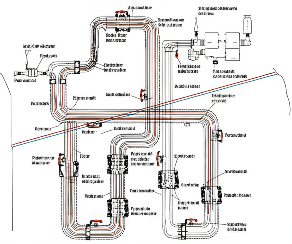 Esquema detalhado e limpo de um sistema hidráulico complexo dentro de um apartamento premium, com múltiplas conexões, válvulas de alta pressão e caixas sifonadas, destacando pontos de potencial acúmulo em curvas e junções. Cores claras e representação 3D.