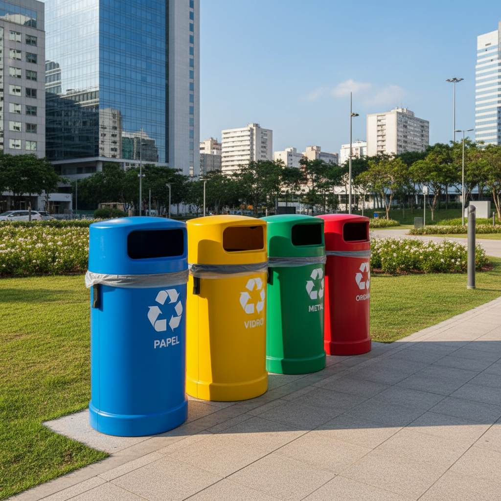 Lixeiras coloridas para coleta seletiva em ambiente urbano limpo.