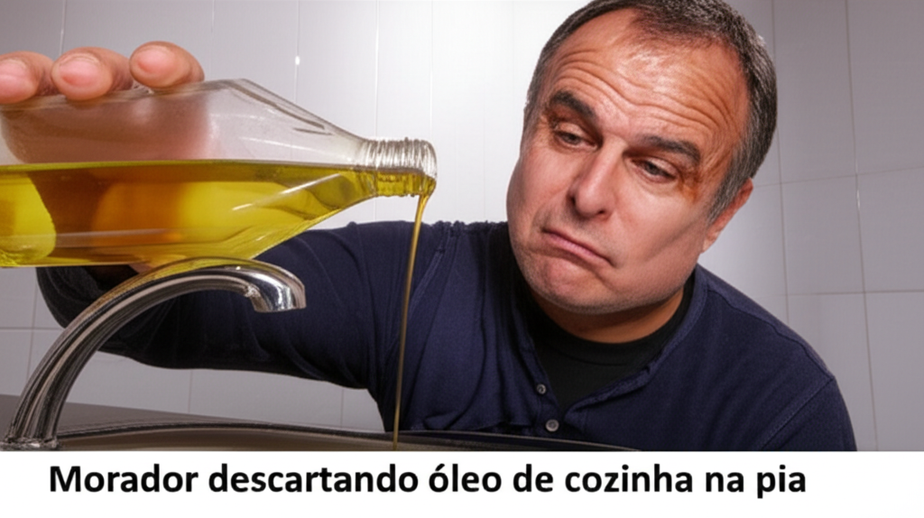 Morador descartando óleo de cozinha na pia.