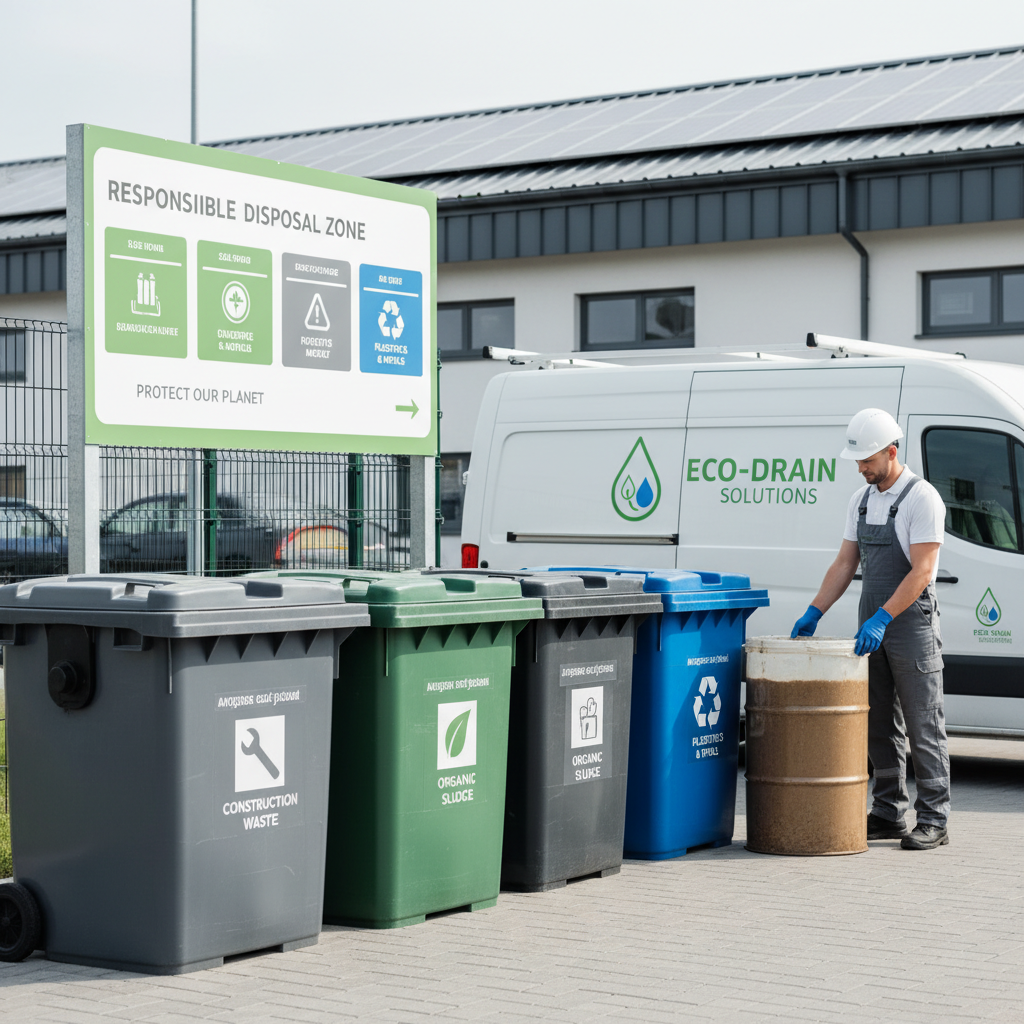 Uma cena que mostra a destinação correta de resíduos de um desentupimento em um ponto de coleta especializado, com contêineres apropriados e sinalização de reciclagem. Um técnico profissional está supervisionando o descarte. A imagem deve ser limpa e destacar a responsabilidade ambiental.