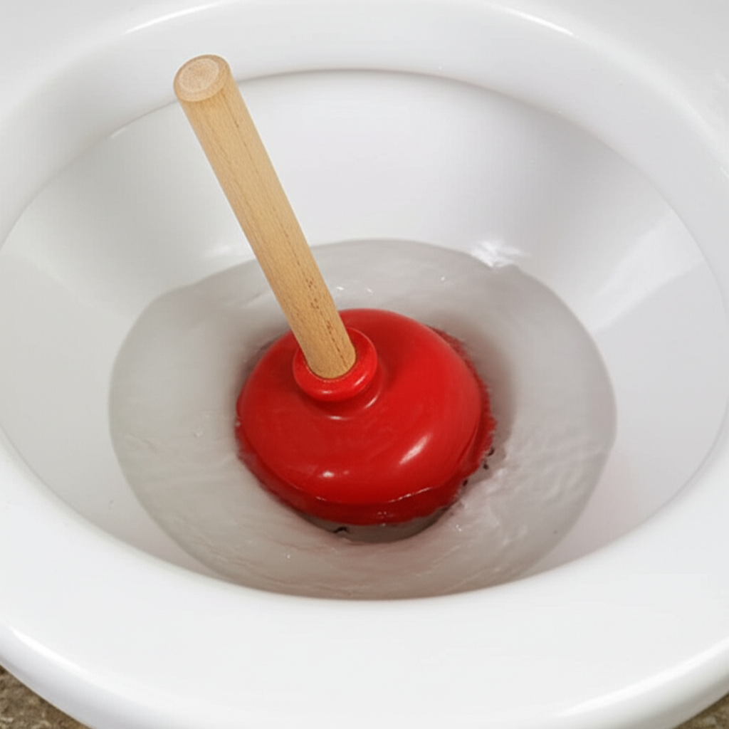 Desentupidor de êmbolo sendo utilizado em um vaso sanitário.