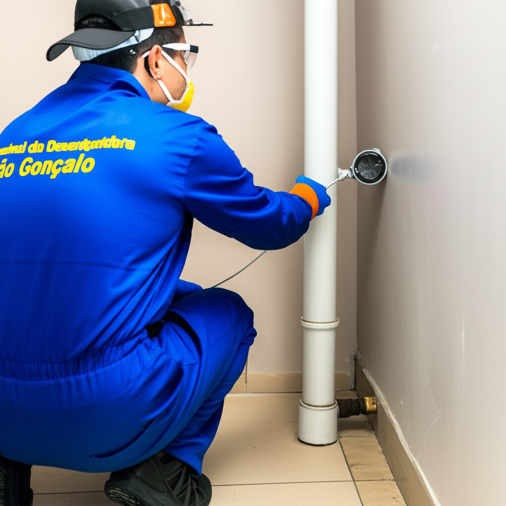 Profissional da Desentupidora São Gonçalo utilizando equipamentos de proteção e inspeção para identificar um entupimento.