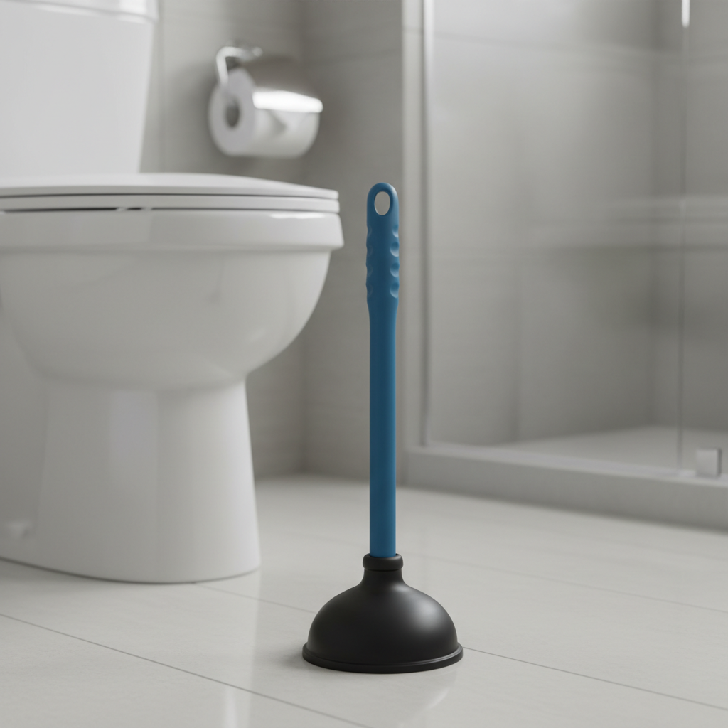 Representação gráfica de um desentupidor de vaso sanitário de borracha de alta qualidade, com cabo ergonômico e ventosa de design eficaz, posicionado sobre uma bacia sanitária de porcelana branca, ilustrando a aplicação correta.