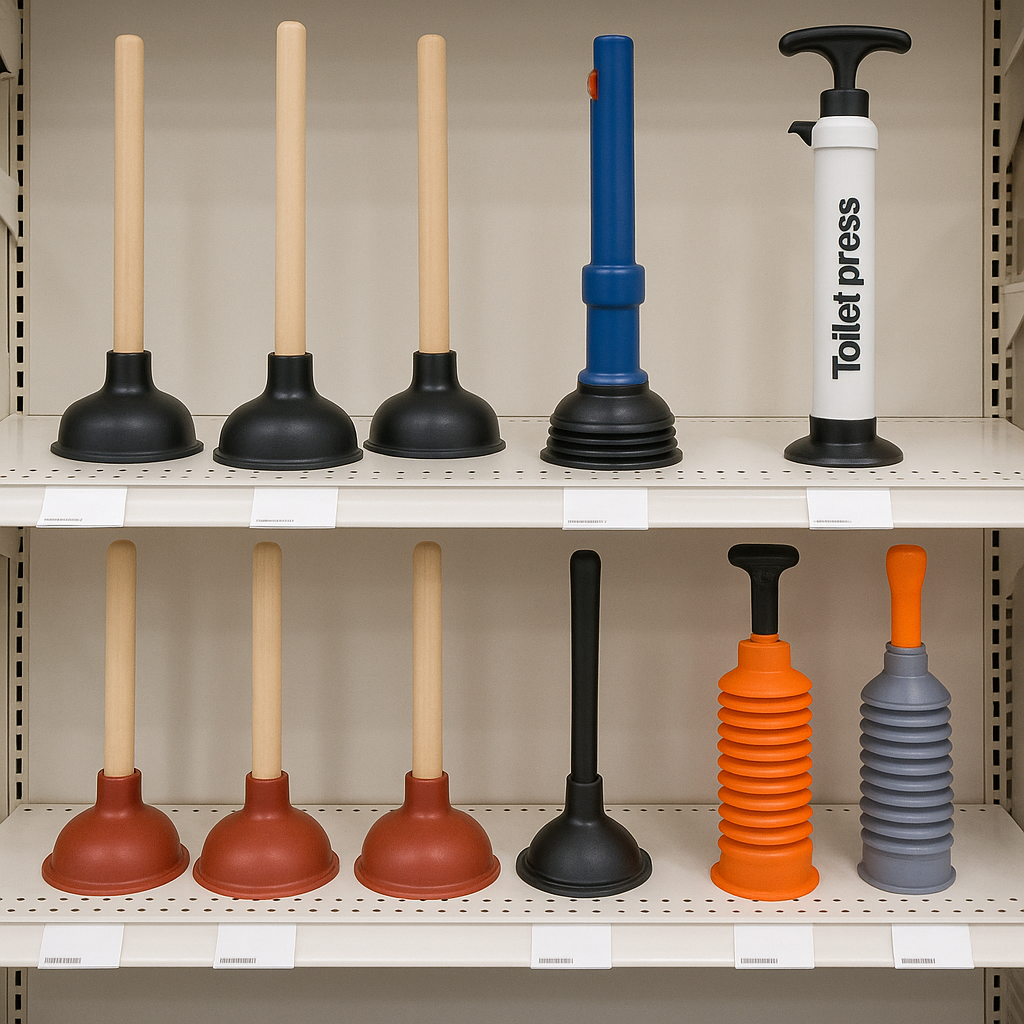 Diversos modelos de desentupidores de vaso sanitário, incluindo desentupidores de borracha tradicionais e desentupidores a ar comprimido, expostos em uma prateleira de loja de ferragens ou supermercado, com boa iluminação e foco nos detalhes dos produtos.