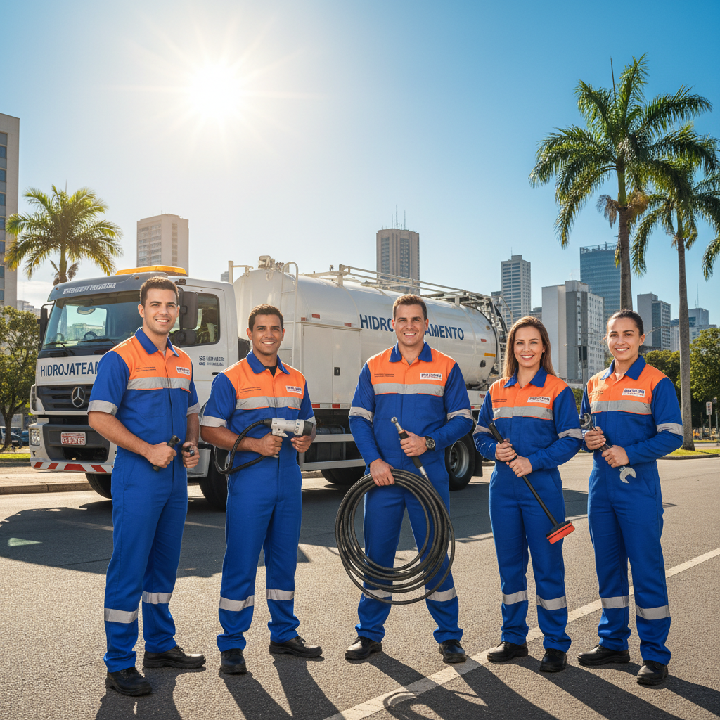 Uma imagem que ilustra a confiança e a profissionalismo de uma equipe de desentupimento. Pode mostrar um grupo de técnicos uniformizados, sorrindo e com equipamentos modernos, talvez com um caminhão de hidrojateamento ao fundo, sob o sol de São Paulo.