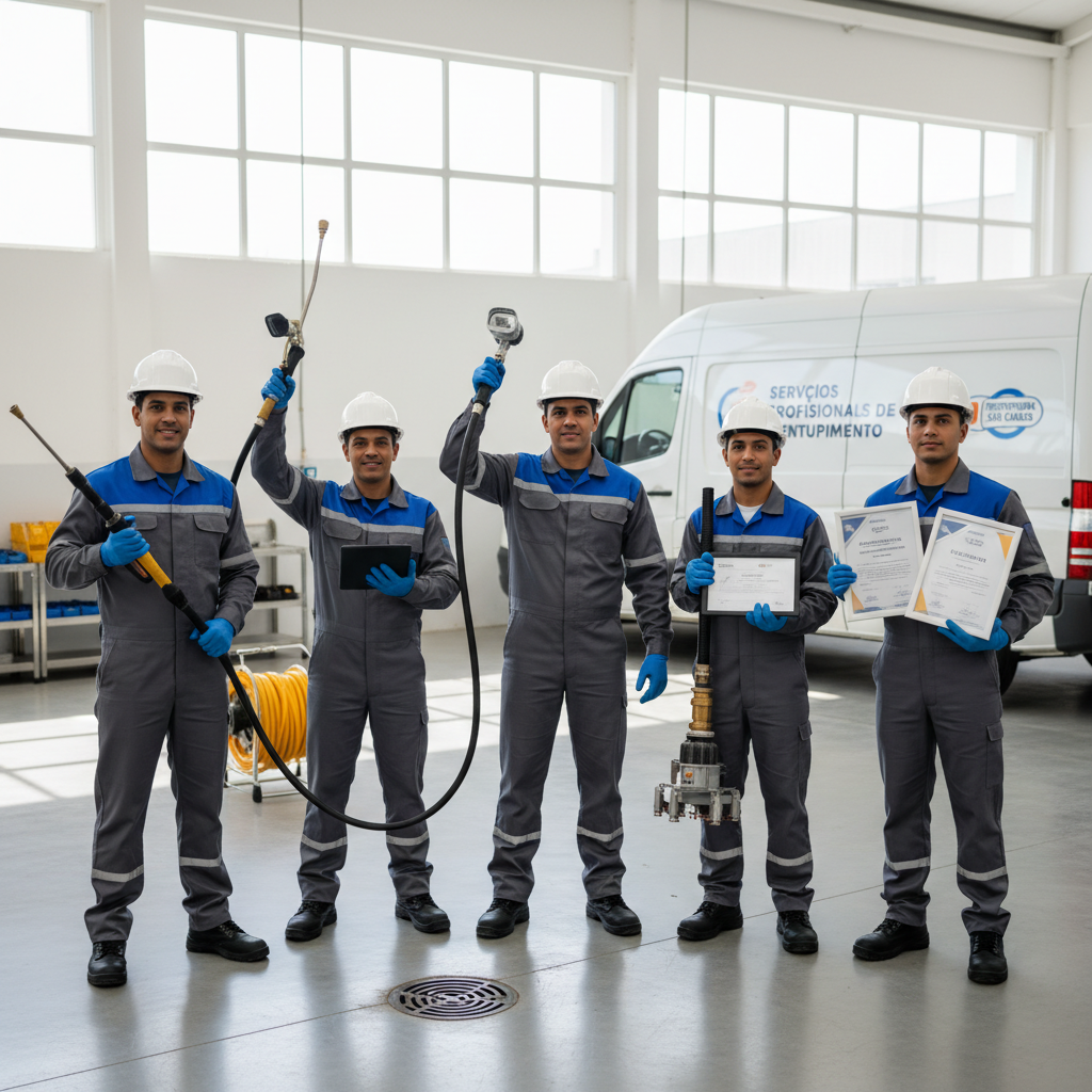 Profissionais da área de desentupimento com equipamentos modernos e certificados em mãos, simbolizando a seriedade e a qualificação da empresa. Um logo de `desentupidora sao carlos` discreto em um dos uniformes. Ambiente limpo e seguro.