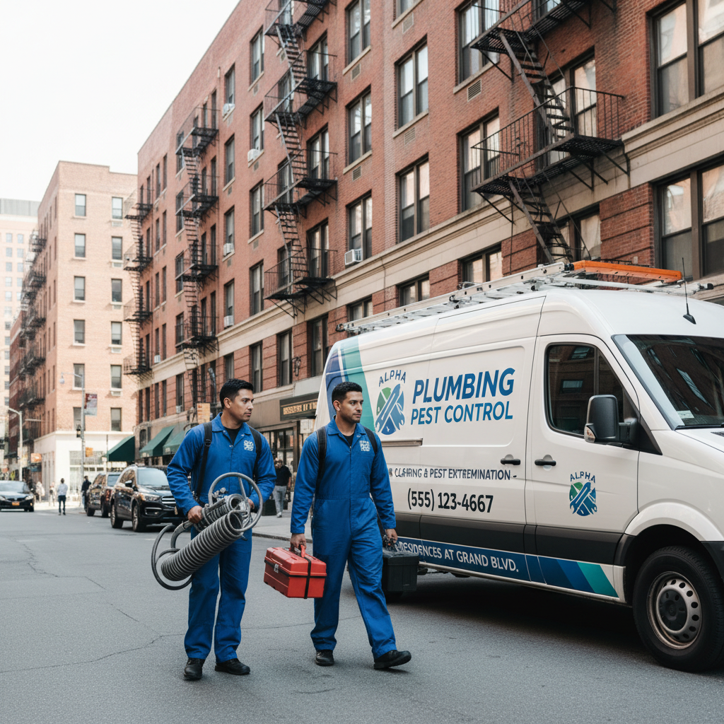 Carro de uma empresa de desentupimento e dedetização estacionado em frente a um prédio de apartamentos, com técnicos uniformizados carregando equipamentos especializados. O ambiente é urbano e profissional, transmitindo eficiência.