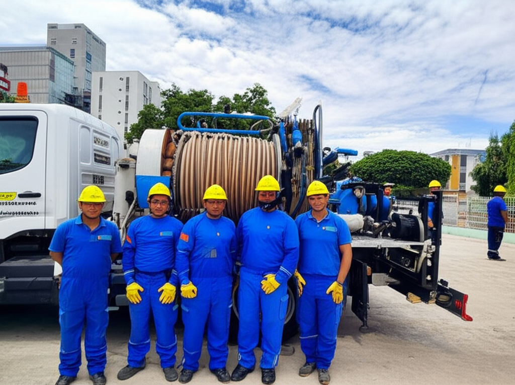 Equipe de desentupimento com equipamentos de alta tecnologia e caminhão de hidrojateamento.