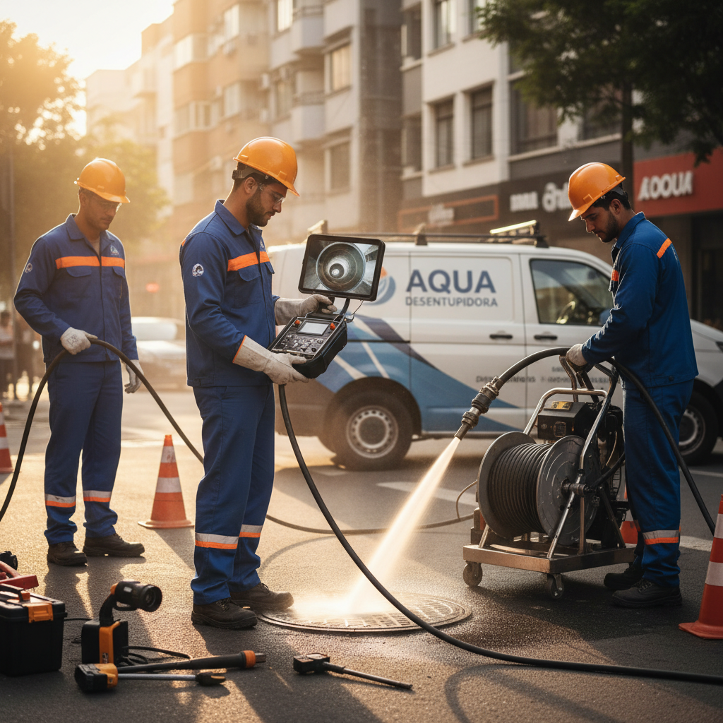 Equipe técnica de desentupimento com equipamentos profissionais (câmera de inspeção de tubulação, máquina de hidrojateamento) em ação, demonstrando expertise e segurança. Foco na tecnologia utilizada.