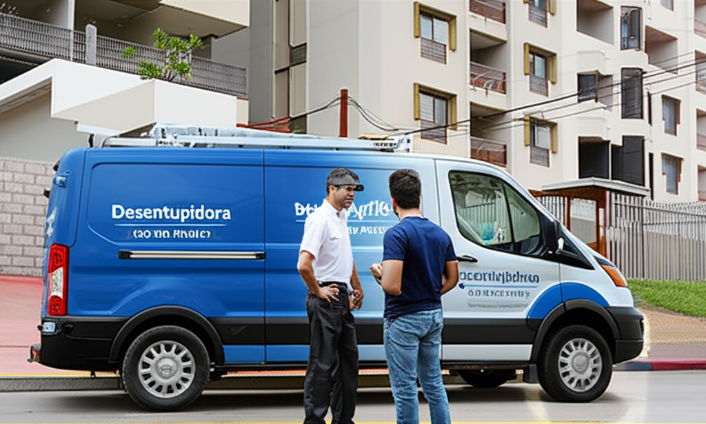 Um veículo de uma desentupidora moderna com logo visível (