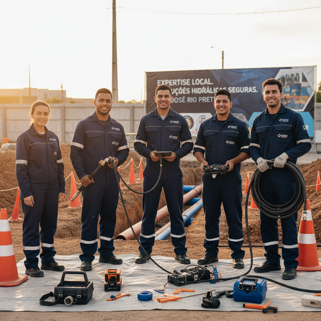 Equipe de profissionais especializados em desentupimento e inspeção hidráulica da região de São José do Rio Preto, utilizando equipamentos modernos e uniformes. O cenário é de uma obra organizada e segura, transmitindo confiança e expertise local.
